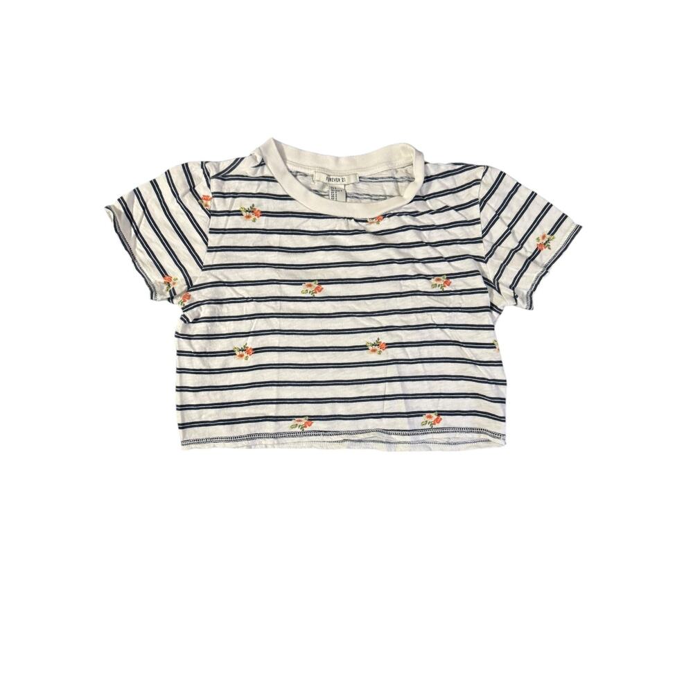 Forever 21 Junior Cropped T Shirt White w/Blue Stripes and Flowers – Small